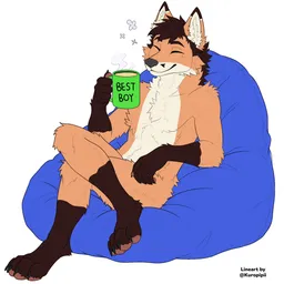 (Foxis) enjoying some coffee on a bean bag. Colored by me, line art by @Kuropipii. Updated to include longer socks and gloves.